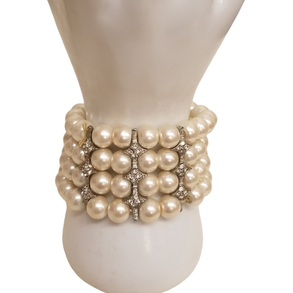 VINTAGE FAUX PEARL & RHINESTONE STATEMENT NECKLACE & BRACELET SET - Picture 3 of 9